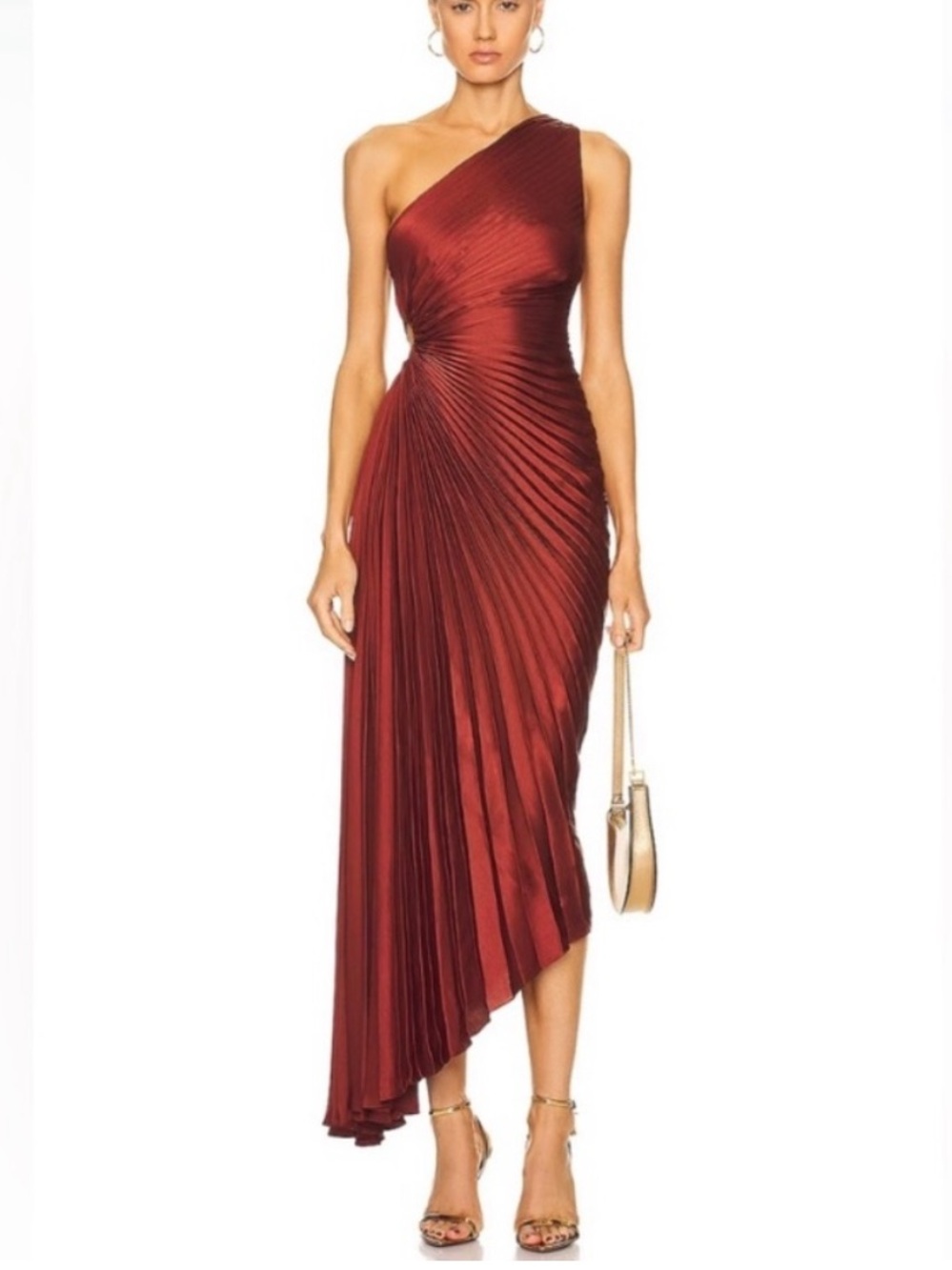 A.L.C. One-Shoulder Burgundy Pleated Asymmetric Midi Dress